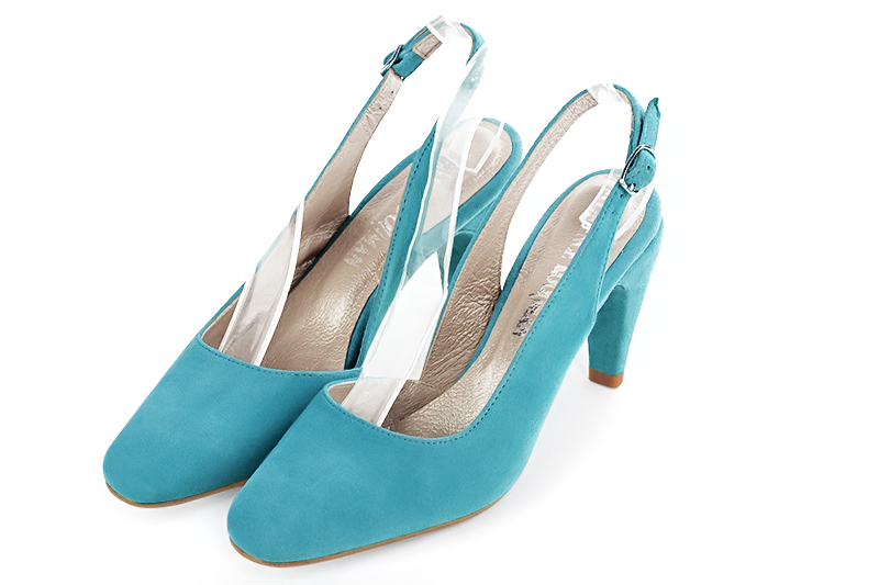 Turquoise blue women's slingback shoes. Round toe. High slim heel. Front view - Florence KOOIJMAN